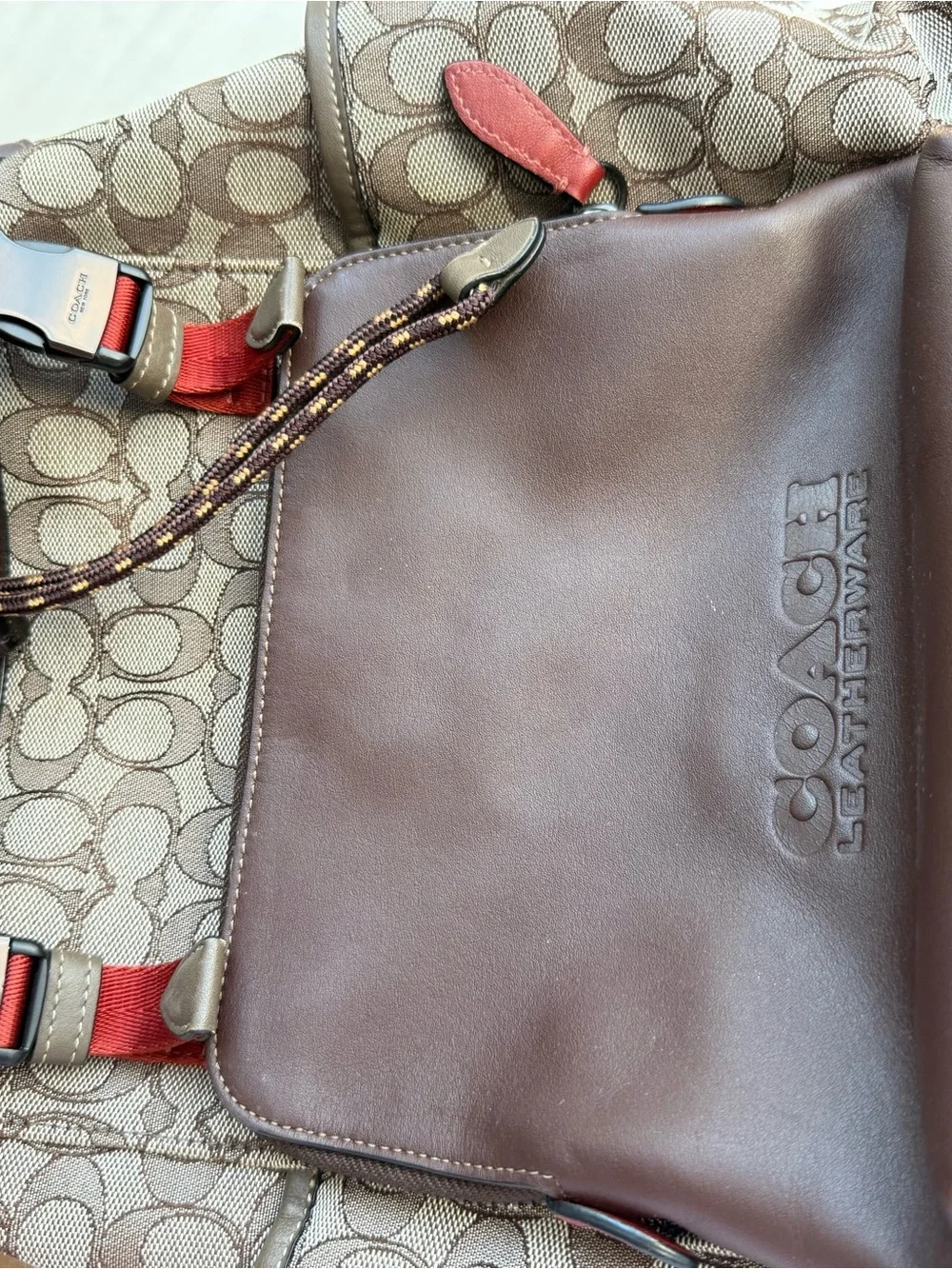 Coach Brown Signature Canvas & Leather Backpack with Red Accents